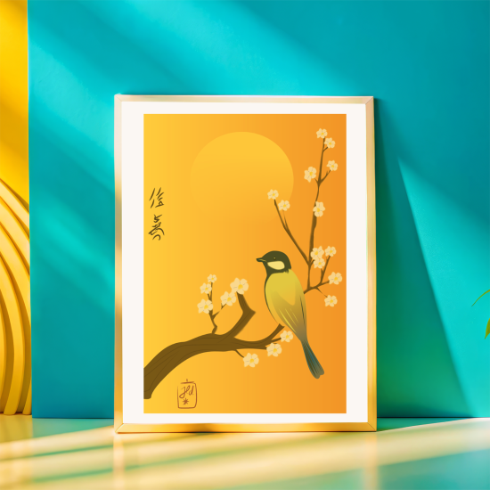 Petit oiseau sur branche fleurie
